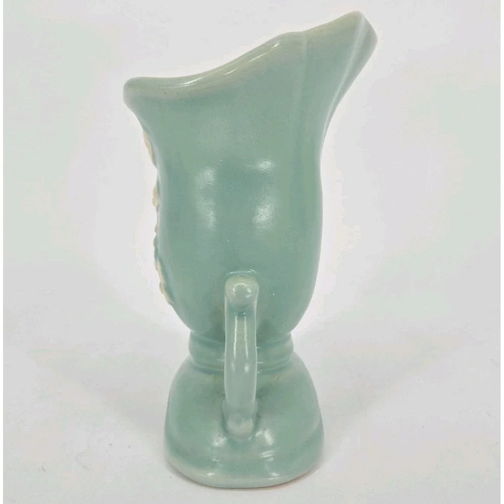 Vintage Weller Cameo Rose Vase Aqua Green White Floral Double Handle 7 In Deco